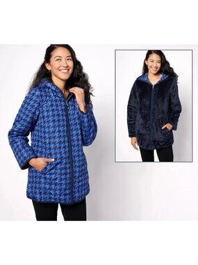 Susan Graver Jacket XS Reversible Quilted Woven & Plush Fleece Navy Houndstooth